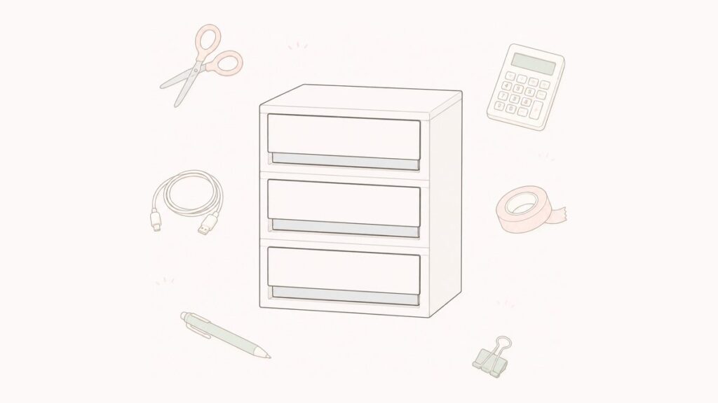 無印良品風の3段引き出しと文房具のイラスト
