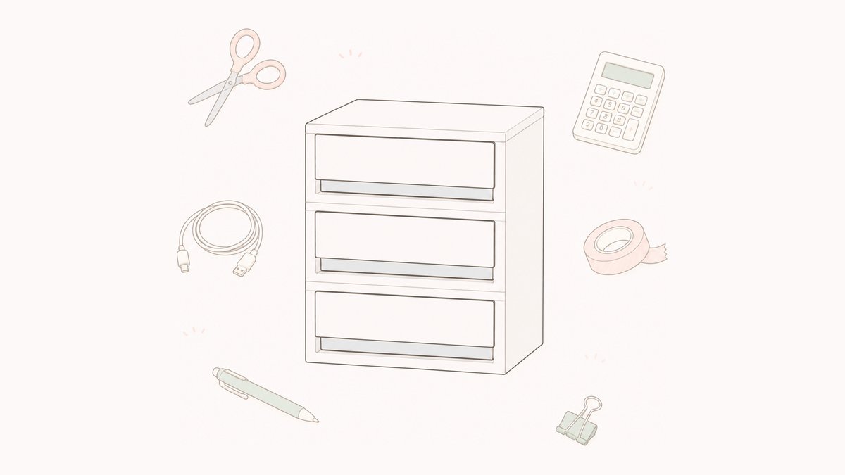 無印良品風の3段引き出しと文房具のイラスト