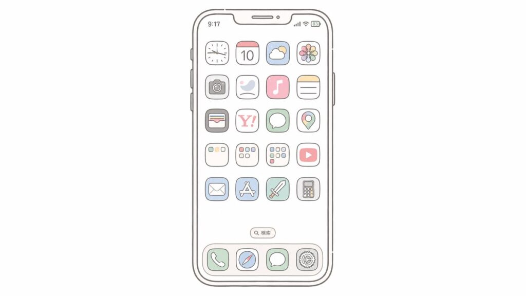 アプリが並んだスマートフォンのホーム画面のイラスト