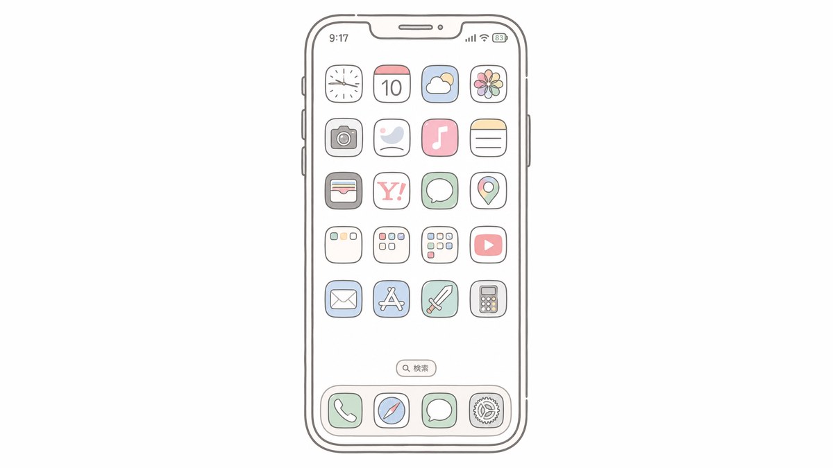 アプリが並んだスマートフォンのホーム画面のイラスト